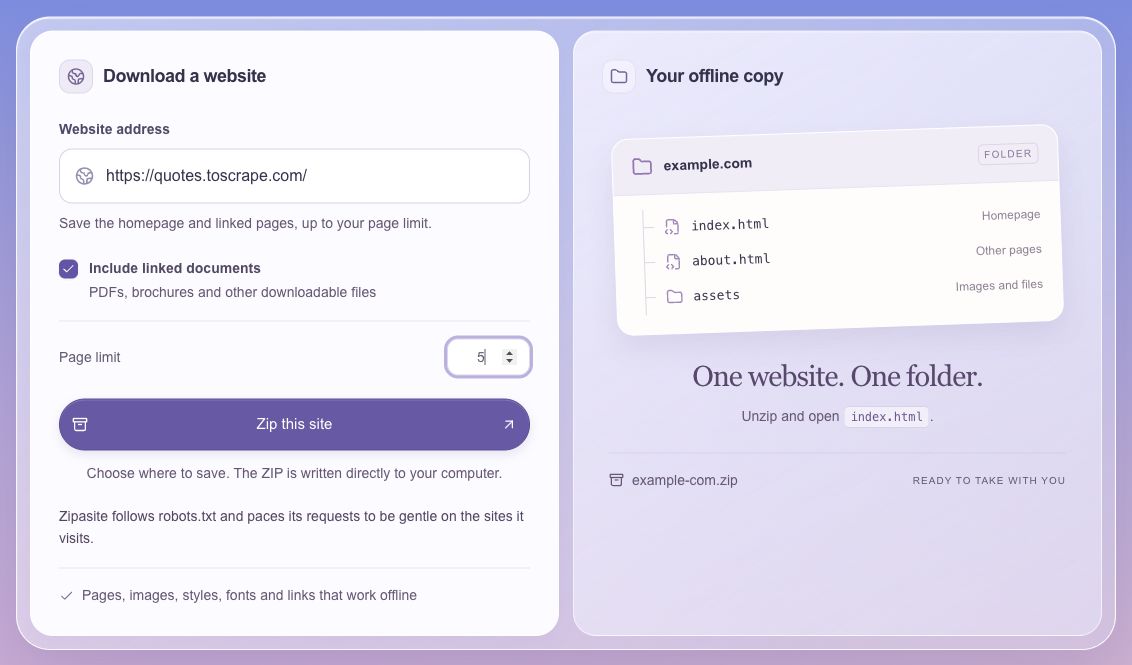 Zipasite with quotes.toscrape.com entered, a five-page limit and linked documents selected.