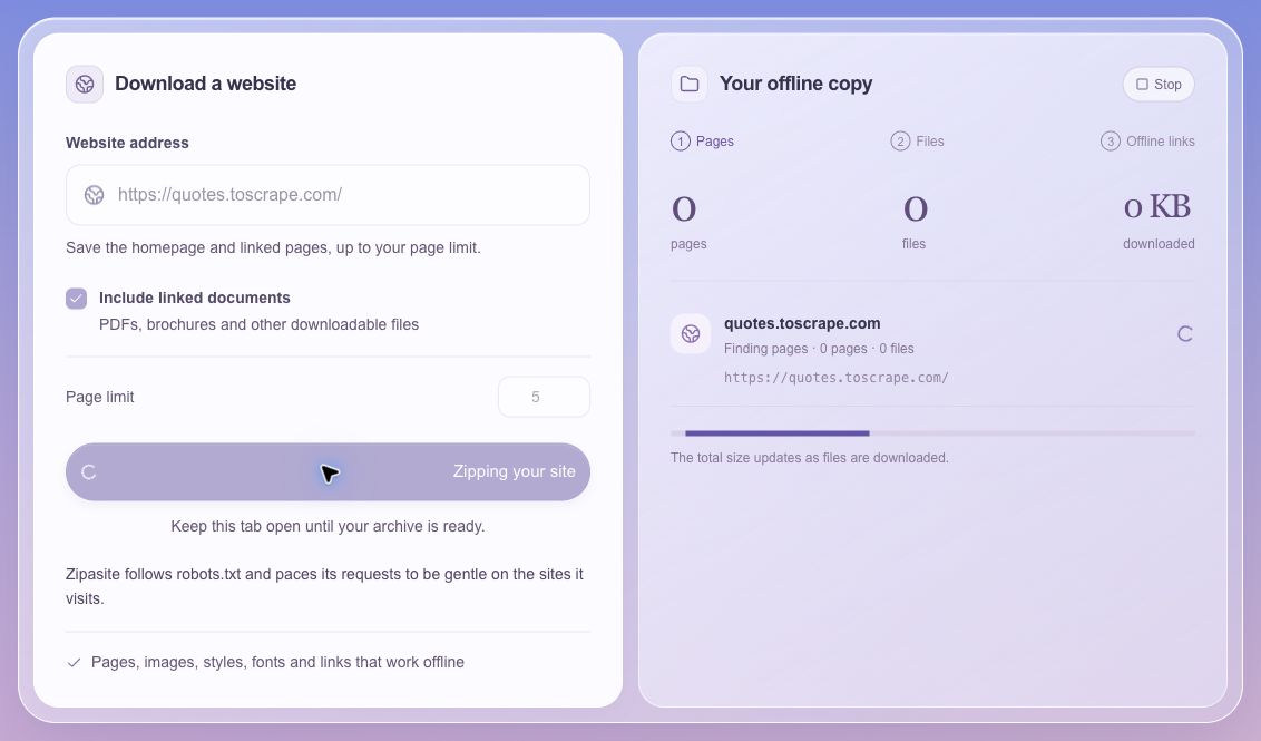 Zipasite finding pages, with a moving progress bar and Stop button.