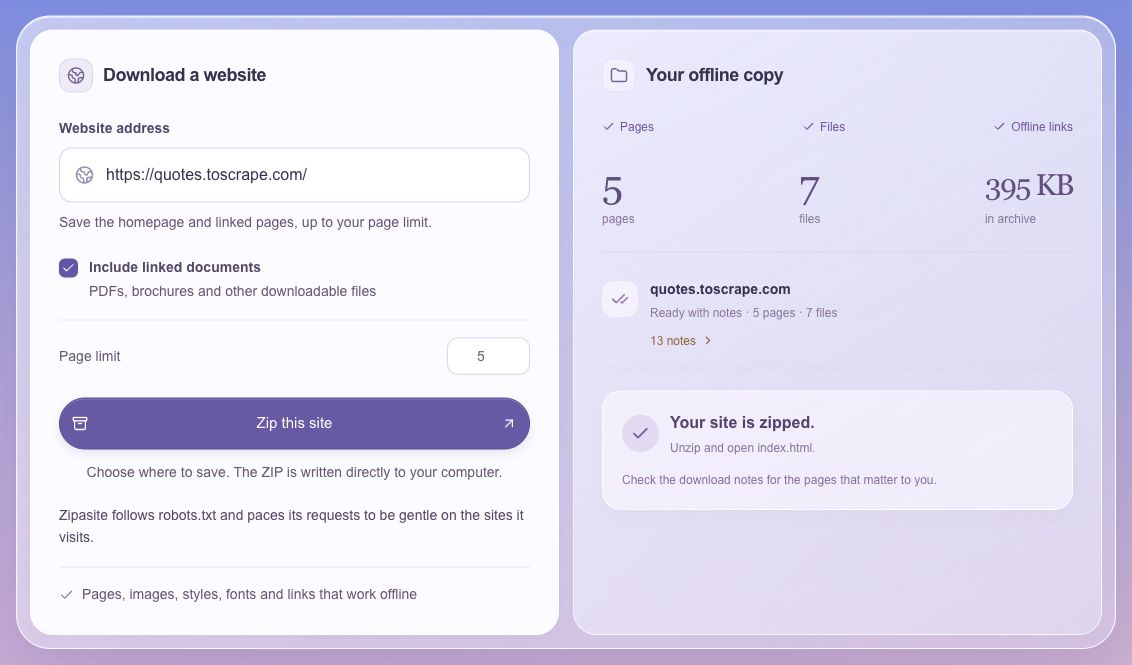 A completed Zipasite archive with five pages, seven files and 13 notes.
